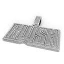 Silver rectangular pendant with geometric design on a white background