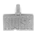 Silver pendant with intricate design on a white background