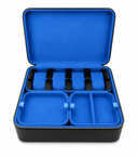 Blue and black travel case with compartments on a white background