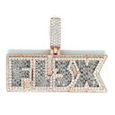 Diamond-encrusted pendant with 'flex' on a white background