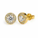 Gold earrings with clear gemstones on a white background